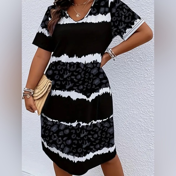 996 ❤️ 1X Plus Size Leopard & Irregular Stripe Print Dress Casual V Neck - Picture 4 of 6
